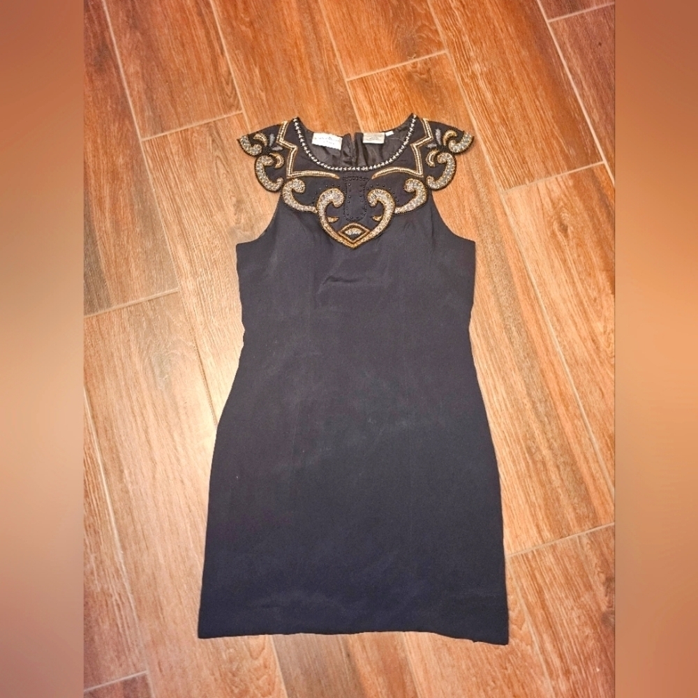 VINTAGE UNIQUE BEADED DRAMA BLACK BIB DRESS BEADED SEQUIN SZ LARGE